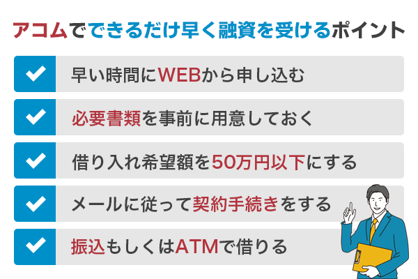 アコムでできるだけ早く融資を受けるポイント一覧を紹介している画像