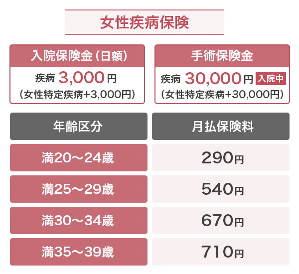 JCB CARD W plus Lの特典である女性疾病保険の保険料などを説明しているイラスト